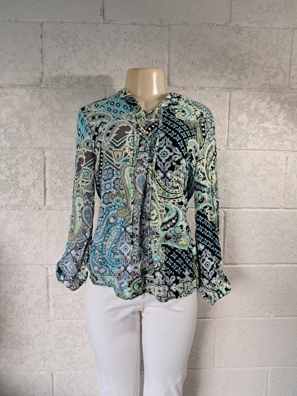 Ruby Rd Paisley Lace Up Boho Blouse Size Medium